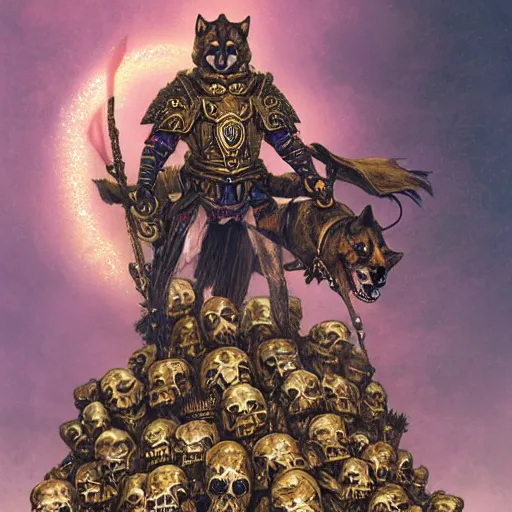 Image similar to anthropomorphic shiba inu, gold armor, standing on pile of skulls, graveyard full of bones and skulls, stuning fantasy 3 d render, masterpiece, glowing dark aura, by donato giancola and greg rutkowski and wayne barlow and zdzisław beksinski, realistic face