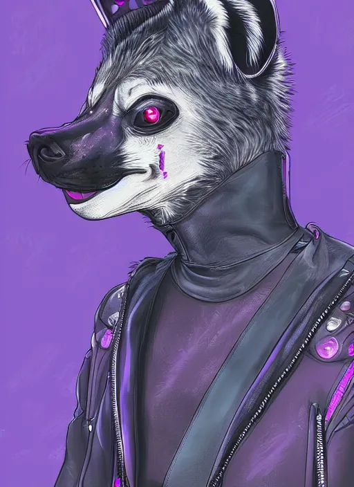 Prompt: cell shaded digital drawing of anthromorphic hyena female, fursona, furry fandom, neon rainy cyberpunk setting, anthro, wearing cyberpunk leather jacket, detailed face,