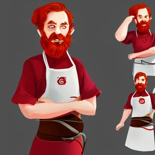 Prompt: red headed man wearing a white chef\'s apron, full body, no beard, dungeons and dragons character art, trending on artstation