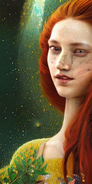 Prompt: infp young woman, smiling amazed, golden fireflies lights, full covering intricate detailed dress, amidst nature, long red hair, precise linework, accurate green eyes, small nose with freckles, beautiful oval shape face, realistic, expressive emotions, dramatic lights, hyper realistic ultrafine art by artemisia gentileschi, jessica rossier, boris vallejo