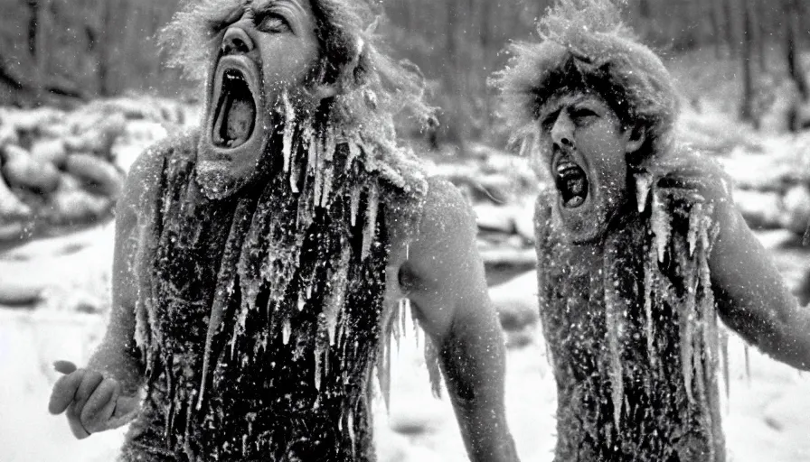 Image similar to 1 9 6 0 s movie still close up of marcus aurelius screaming frozen to death on a river shore with gravel, frozen hair, pine forests, cinestill 8 0 0 t 3 5 mm b & w, high quality, heavy grain, high detail, texture, dramatic light, anamorphic, hyperrealistic, detailed hair foggy