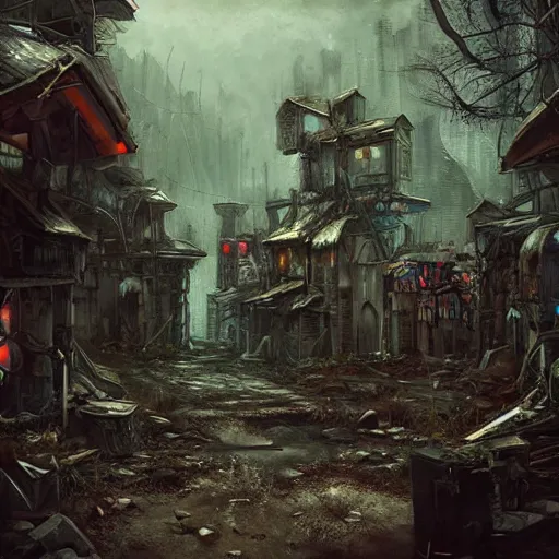 Prompt: A post-apocalyptic village in fairy tale forest in the style of cyberpunk in the style of dark fantasy art Trending on artstation DeviantArt Pinterest detailed Photorealistic HD 8k highlights and shadow detailed High Resolution