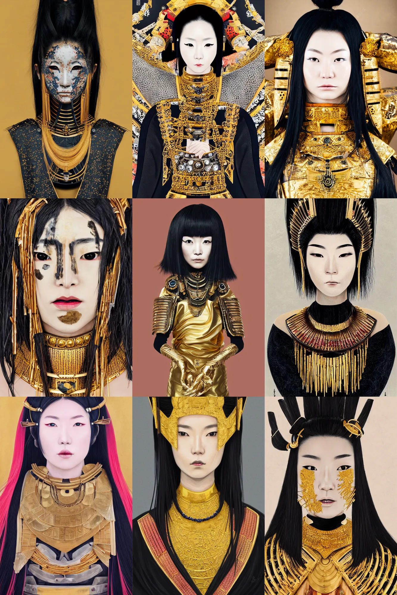 Prompt: Portrait of a modern Japanese woman in ceremonial obsidian and gold samurai armor, full body shot, photogenic details on armor, hyperrealism, imperial and elegant hair style, minimal warpaint, focused amber eyes, sharp and vibrant multiple colors on face, regal sapphire necklace, art style by Harumi Hironaka, 4K