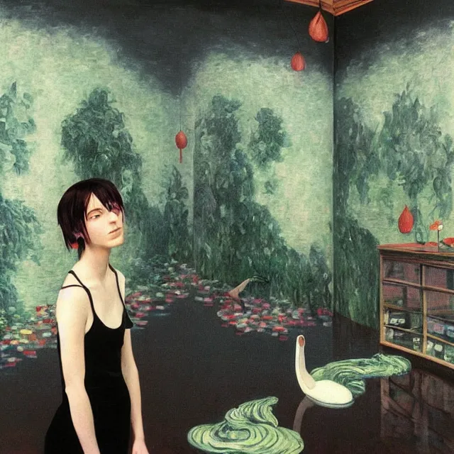 Image similar to tall emo artist in her flooded apartment, painting of flood waters inside an artist's home, a river flooding indoors, pomegranates, pigs, ikebana, zen, water, octopus, river, rapids, waterfall, black swans, canoe, berries, acrylic on canvas, surrealist, by magritte and monet