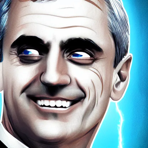 Prompt: digital illustration of secretary of denis mcdonough face, cover art of graphic novel, eyes replaced by glowing lights, glowing eyes, flashing eyes, balls of light for eyes, evil laugh, menacing, villain, clean lines, clean ink