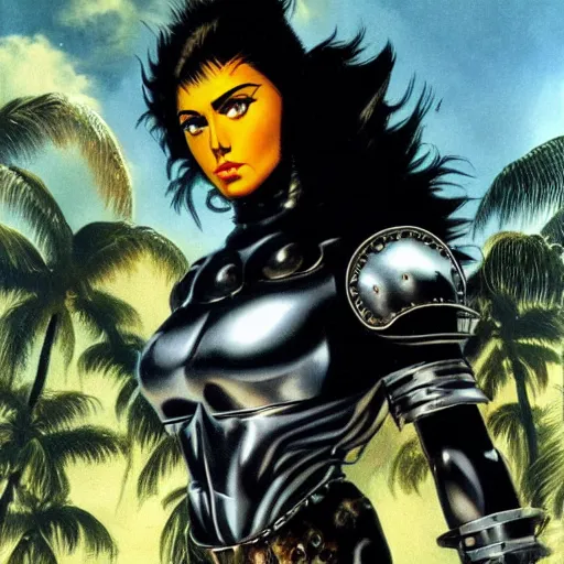 Image similar to 23-year-old muscular warrior girl wearing chrome silver armor, black spandex, electrified hair, wild spiky black hair, wild black hair, yellow eyes, tropical, palm trees, chrome buildings, futuristic base, 1987, Frank Frazetta, pulp art, video game box art, hyper-detailed