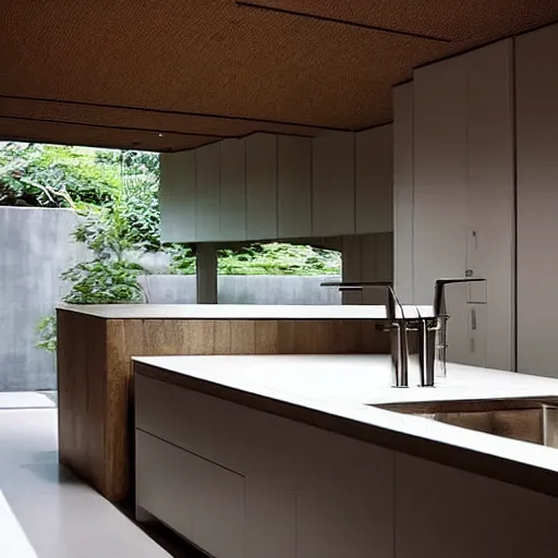 Prompt: “extravagant luxury modern kitchen, interior design, natural materials, potted plants, fresh vegetables, by Tadao Ando and Koichi Takada”