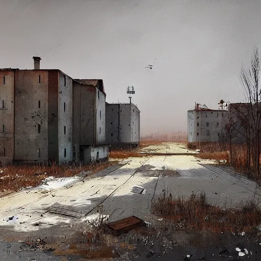 Image similar to painting of a abandoned post soviet town by jakub rozalski