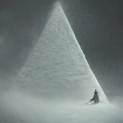 Image similar to cinematic shot epic portrait an snow pyramid in middle of an snowy forest, cloudy, foggy, blizzardy, broad light, ambient occlusion, volumetric light effect, made by ivan aivazovsky, peter mohrbacher, greg rutkowski, matte painting, trending on artstation, 4 k, perfectly defined features, digital painting, cinematic, epic, highly detailed,