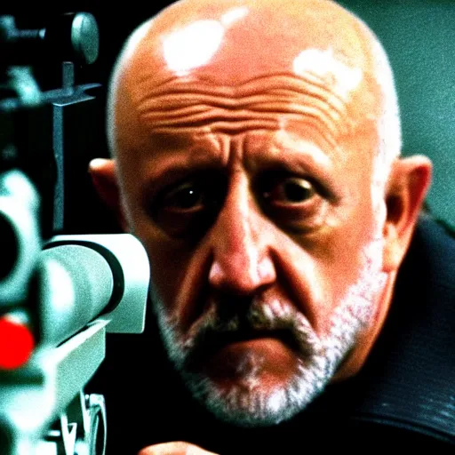 Image similar to Film Still of Mike Ehrmantraut aiming a mounted machine gun, 8k, highly detailed, centered