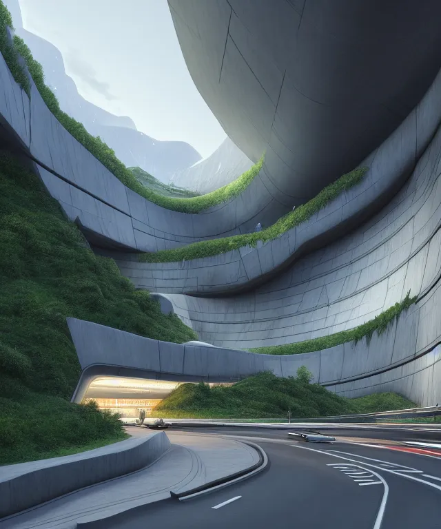 Image similar to ralph mcquarrie and denis villeneuve establishing shot of modern bjarke ingels condo building and gotthard tunnel entrance combined, roads tunnel under bjarke ingels condo building, lush scenery, scifi artstation digital concept art, unreal engine, hyper realism, realistic shading, cinematic composition, blender render, octane render, wide shot