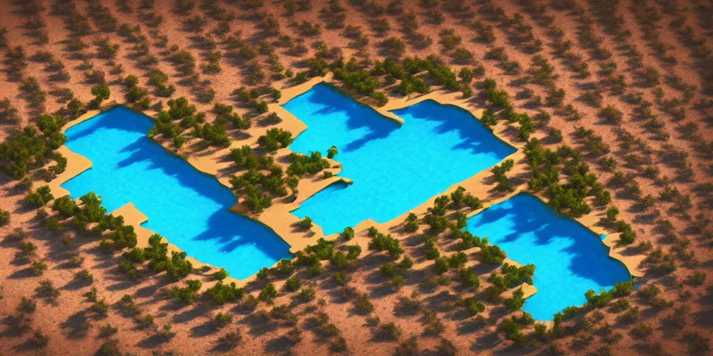 Prompt: Aerial Photo of nostalgic abandoned desert oasis, photo realistic, isometric, tilt shift, bokeh, award winning, trending, 8k, HD