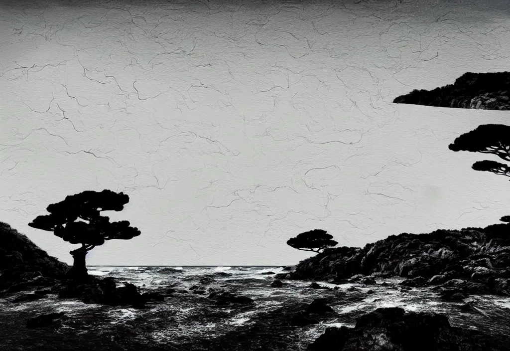 Image similar to low angle landscape seaside windswept trees on a hill overlook ocean waves crashing against rocks cliffs, tourist foreground, rural japan, a collage painting, in the style of wes anderson, lola dupre, david hockney, isolated on negative white space background dark monochrome fluorescent neon spraypaint accents volumetric octane render