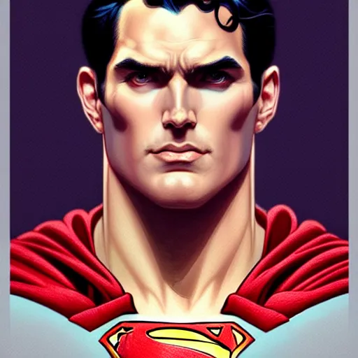 Image similar to symmetry!! front - faced portrait of superman, intricate, elegant, highly detailed, my rendition, digital painting, artstation, concept art, smooth, sharp focus, illustration, art by artgerm and greg rutkowski and alphonse mucha