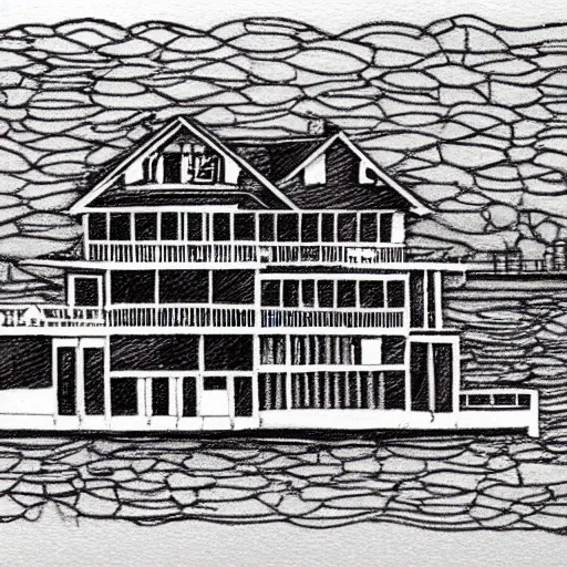 Prompt: a big house on a small boat , intricate sketch