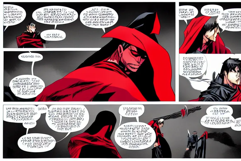 Image similar to a twin blade muscular swordsman, red and black cape and hoodie, scary, intimidating, worn out clothes, torn clothes, as a panel of a Marvel comic