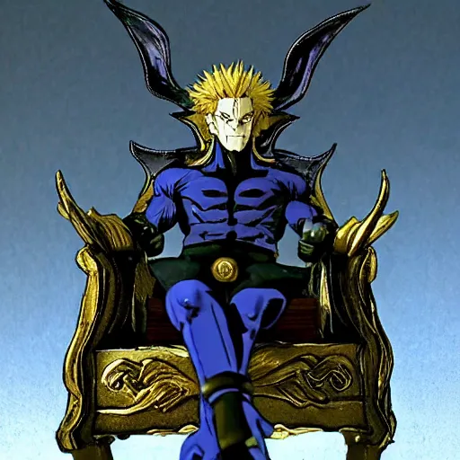 Image similar to dio from jojo's bizarre adventure sitting on a throne, stardust crusaders still