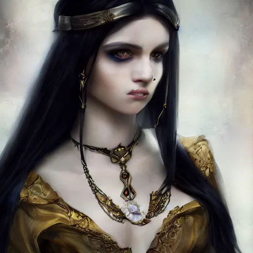 Image similar to beautiful female cleric with long black hair and a golden eye, focus on face, jewellery, piercings, fantasy, medieval, still, photograph, highly detailed, cinematic, romani descent, dramatic, dynamic lighting, award winning, masterpiece, trending on artstation