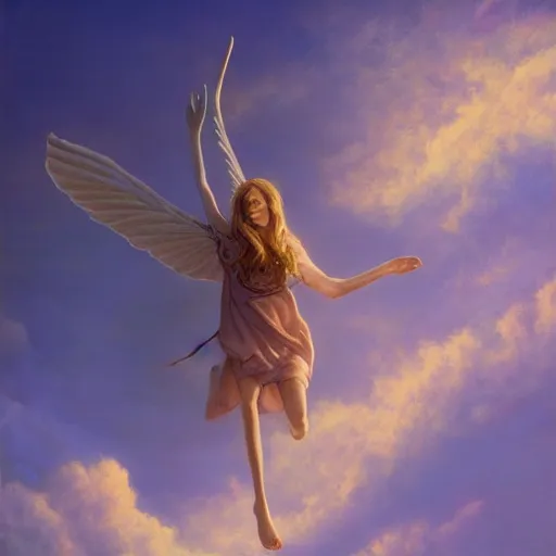 Image similar to realistic painting of a magical angel flying in the sky by michael whelan, ultra realistic, 8 k, trending on artstation, octane renderer, mesmerizing, aesthetic, beautiful