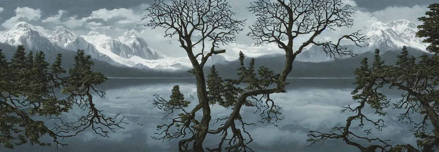 Image similar to escher painting of a lake, big trees reflecting on lake surface, mountains at background, snowy, ultra sharp, ultra detailed, dark emotion, colorized by salvador