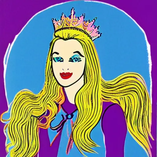 Prompt: a princess with extremely long blond hair from a cartoon riding a unicorn by andy Warhol