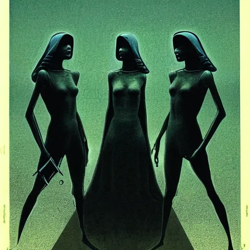 Image similar to charlies angels by beksinski and tristan eaton, dark neon trimmed beautiful dystopian digital art