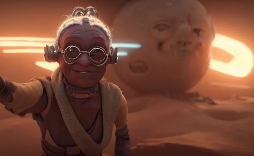 Prompt: cinematic still image screenshot portrait of maz kanata, ending from force awakens crisp 4 k imax, moody iconic scene, octane render, beautiful backlit, planet