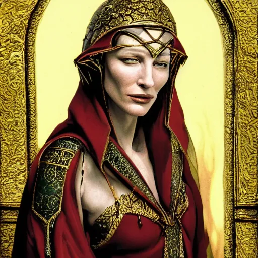 Image similar to Portrait cate blanchett ancient biblical, sultry, sneering, evil, pagan, wicked, queen jezebel, wearing gilded ribes, highly detailed, masterpiece 8K digital illustration, art by moebius, highly