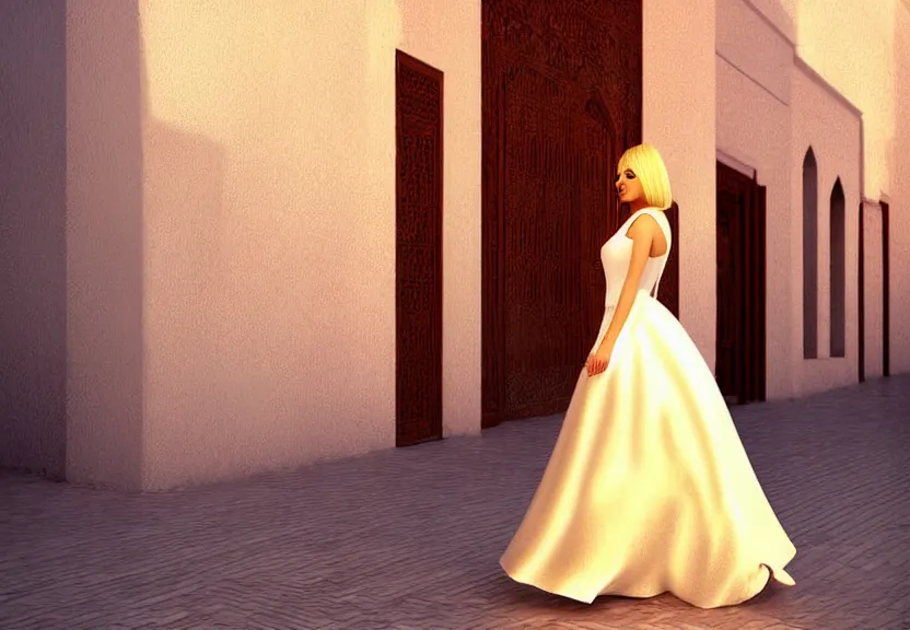 Image similar to a golden hair blond young lady in beautiful white dress in the city of marakesh cyber pank style, digital art