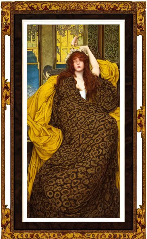 Prompt: full body reclining masterpiece of preraphaelite portrait photography, brown hair fringe, yellow ochre ornate medieval dress, william morris and kilian eng and mucha, framed, 4 k