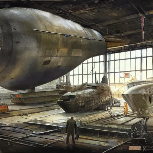 Image similar to two men looking at an American nuclear attack submarine in an indoor drydock, crane with heavy equipment overhead, highly detailed, artificial lighting, concept art, by artgerm and greg rutkowski and alphonse mucha