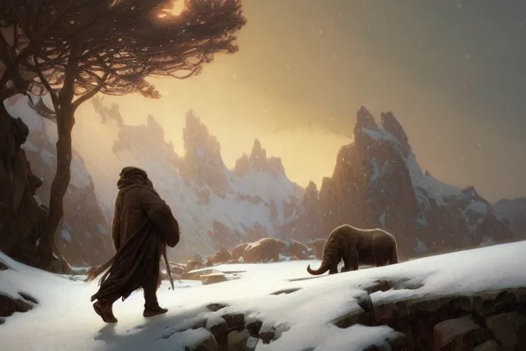 Prompt: a mammoth walking in a terrible snowstorm, luminous sky, by greg rutkowski and alphonse mucha, gradient brown to white, rocky mountains background, highly detailed landscape, digital painting, artstation, concept art, smooth, sharp focus illustration