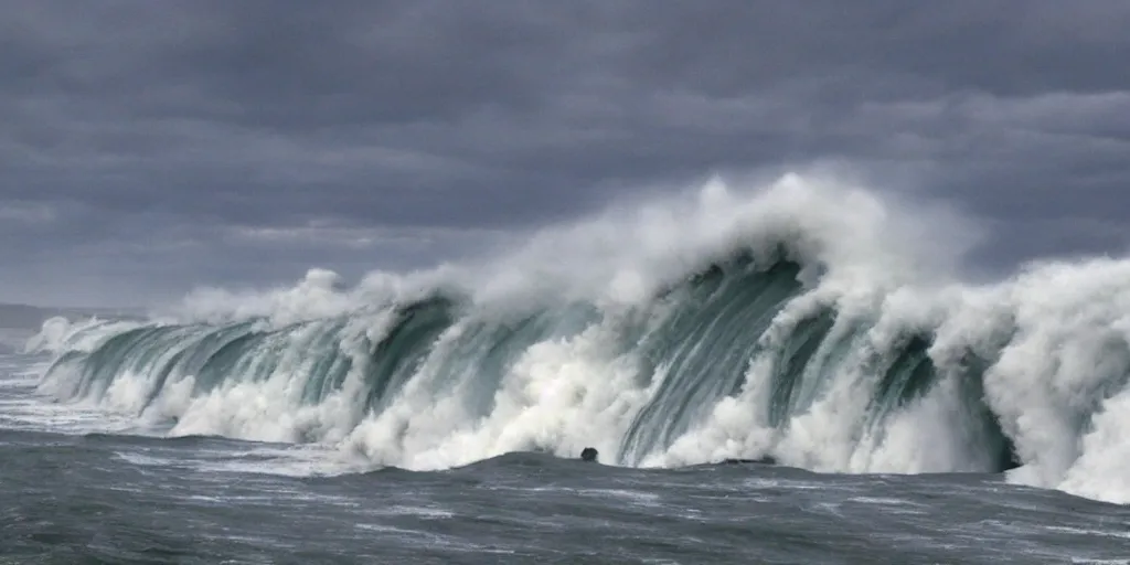 Image similar to tsunami over San Diego, Dramatic, realistic, perspective,