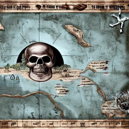 Image similar to old torn treasure map showing the treasure of skull island, pirates treasure map, high detail, high res, hyperrealistic, skull island