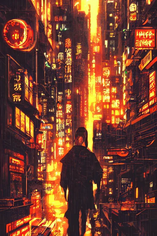 Image similar to tatsuki fujimoto movie poster, randypunk, intricate cyberpunk city, orange overlooking city, street gang, dramatic lighting, epic composition, bladerunner