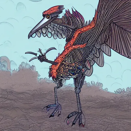 Prompt: a bird tractor hybrid creature monster with metal scales, illustration