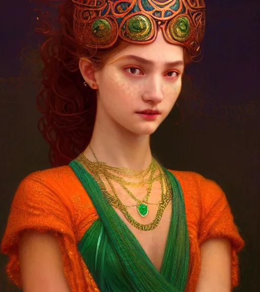 Image similar to portrait of teenage godess, snake hair, naughty smile, wearing an embroidered orange tunic, intricate, elegant, copper and emerald jewelry, glowing lights, seductive. highly detailed, digital painting, artstation, concept art, smooth, sharp focus, illustration, art by wlop, mucha, artgerm, and greg rutkowski