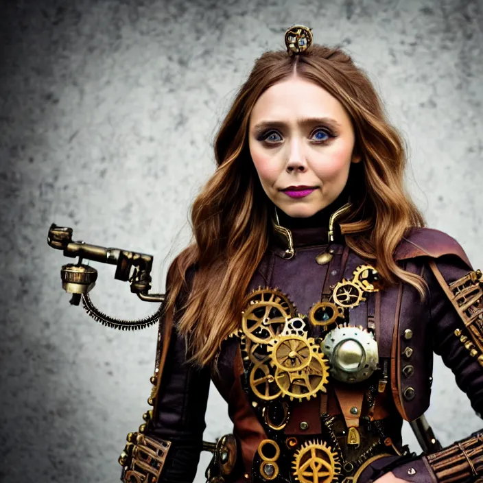 Image similar to full body photograph of elizabeth olsen as a steampunk warrior. extremely detailed. dslr. 8 5 mm.