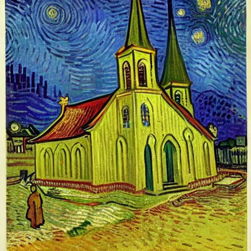 Image similar to a church bell on the ground in front of a church, by Vincent van Gogh