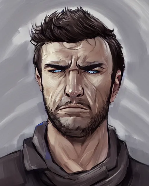 Image similar to portrait of muscular, tired and alcoholic 3 0 - year - old grieving man with short darkblonde hair, serious sad look in his eyes, looking down, dirty beard, blue eyes, crying tears, wearing dirty soldier uniform, on the desert, sad atmosphere, hyper realistic face, character art, art by artgerm, cryengine, trending on artstation, digital art