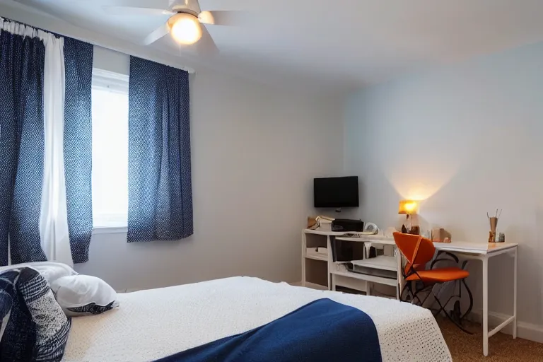 Image similar to a 10 by 11 foot room with white with a criss cross pattern in blue grey walls, white ceiling, navy blue carpet, a small bed, desk, two wooden wardrobes, a little side table in a light wood veneer, a window, desk fan, table light, and an old TV, and a ceiling fan gives off a dim orange light. Old