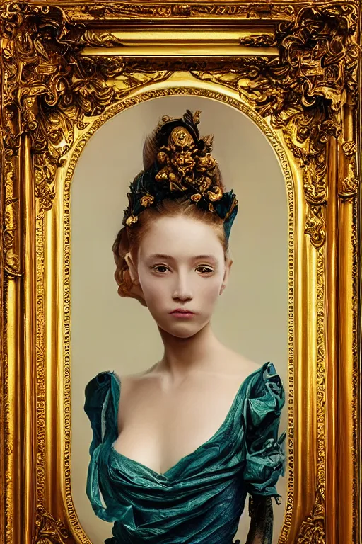 Prompt: portrait of a beautiful 20-year-old woman by Mario Testino, in style of Ruan Jia, insanely detailed and intricate, golden ratio, elegant, ornate, luxury, elite, matte painting, cinematic, cgsociety, James jean, Brian froud, ross tran, Laputa