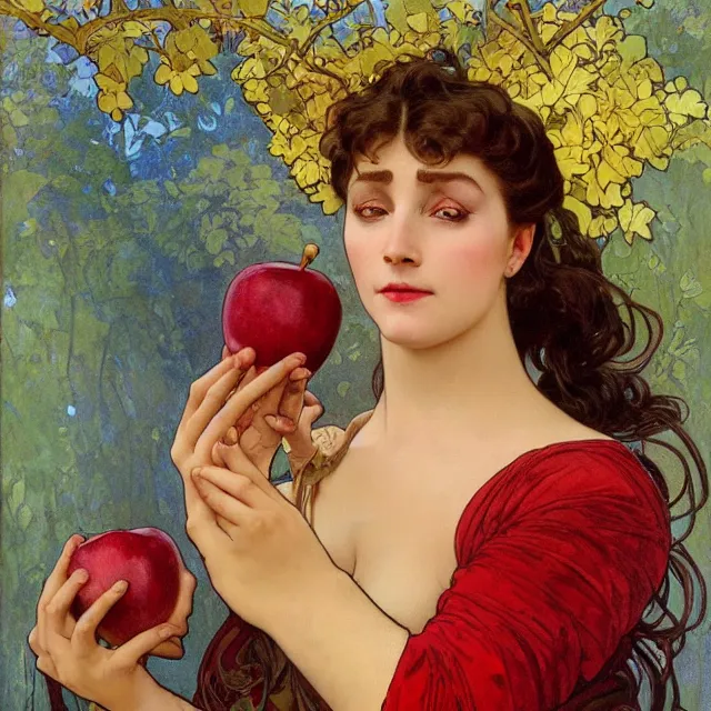 Image similar to an aesthetic! detailed close - up portrait of an aesthetic woman crying mournfully while holding an apple, by frank frazetta and alphonse mucha, oil on canvas, bright colors, art nouveau, epic composition, dungeons and dragons fantasy art, hd, god - rays, ray - tracing, crisp contour - lines, huhd - 8 k