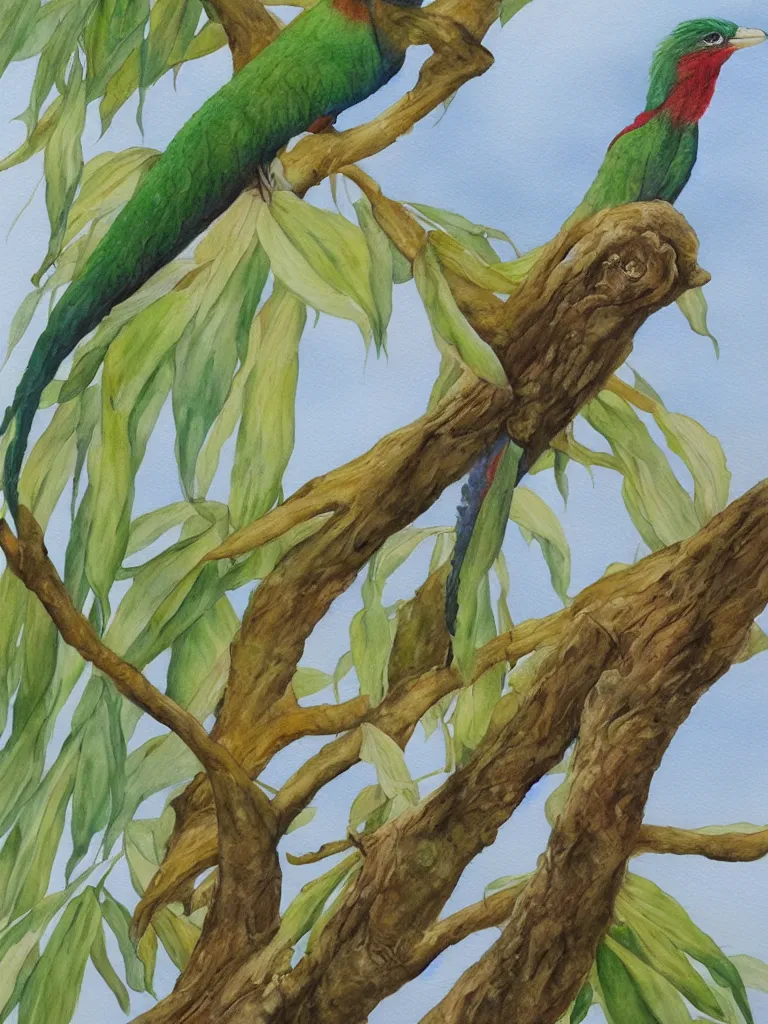 Image similar to A realistic painting of a Quetzal on a white background, watercolour, pastel colours,