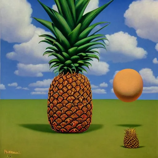 Prompt: The painting The Son of Man by René Magritte except with a pineapple and Patrick Star