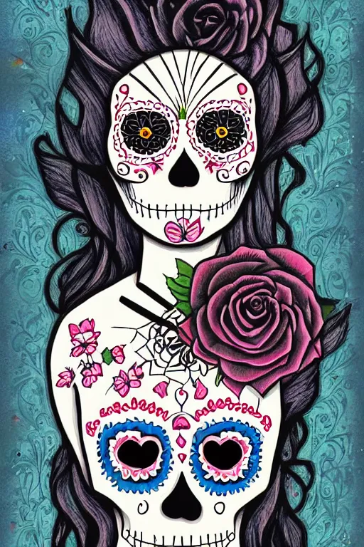 Image similar to illustration of a sugar skull day of the dead girl, art by doug johnson