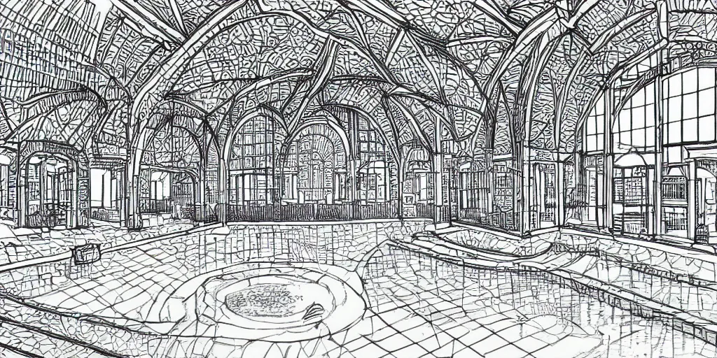 Prompt: lineart black and white indoor swimming pool with large blue archways, giant windows overlooking a garden, drawn with micron pen in the style of popular manga