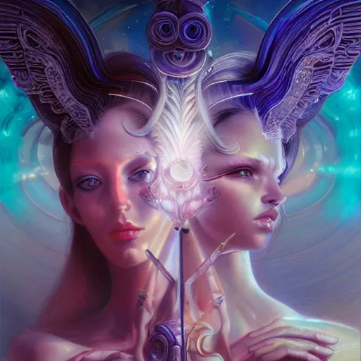 Image similar to beautiful gemini good and evil fantasy female character portrait, highly saturated colors, ultra realistic, wide angle, intricate details, the fifth element artifacts, holographic undertones, highly detailed by peter mohrbacher, hajime sorayama, wayne barlowe, boris vallejo, aaron horkey, gaston bussiere, craig mullins