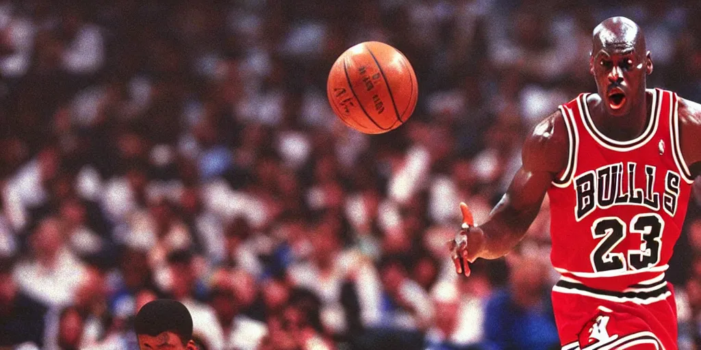 Image similar to Michael Jordan playing basketball against ghosts, 1995