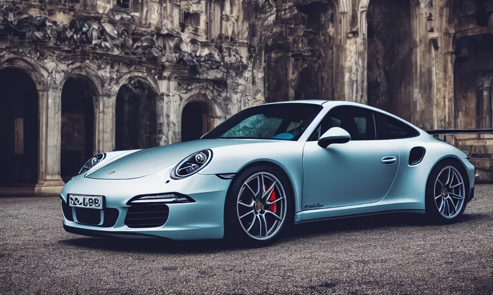 Image similar to closeup photo of a porsche 911 standing in a beautiful palace, dof, chromatic aberration